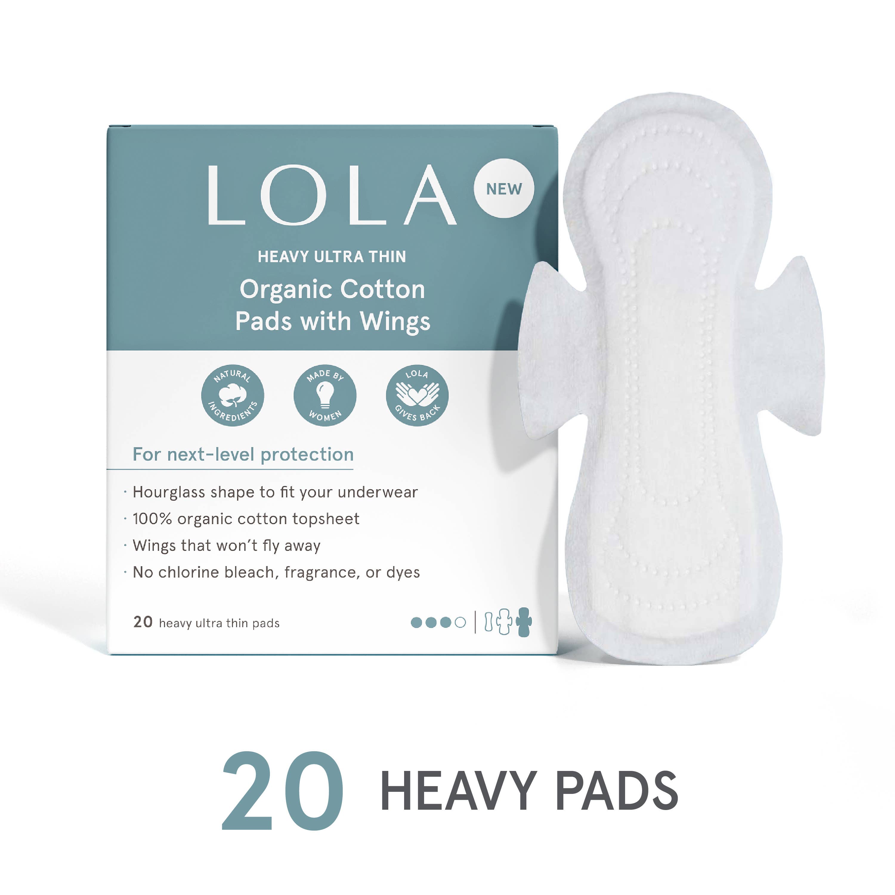 A box of Lola 20ct Ultra Thin Pads w/ Wings, Heavy is shown beside one pad. The packaging highlights leak protection, no dyes, no fragrance, and 100% organic cotton pads.