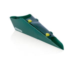 The GoPee Stand to Pee Device is a green, triangular plastic unit with two yellow rivets and a folded design, shown on a white background.