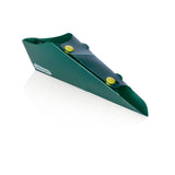 The GoPee Stand to Pee Device is a green, triangular plastic unit with two yellow rivets and a folded design, shown on a white background.