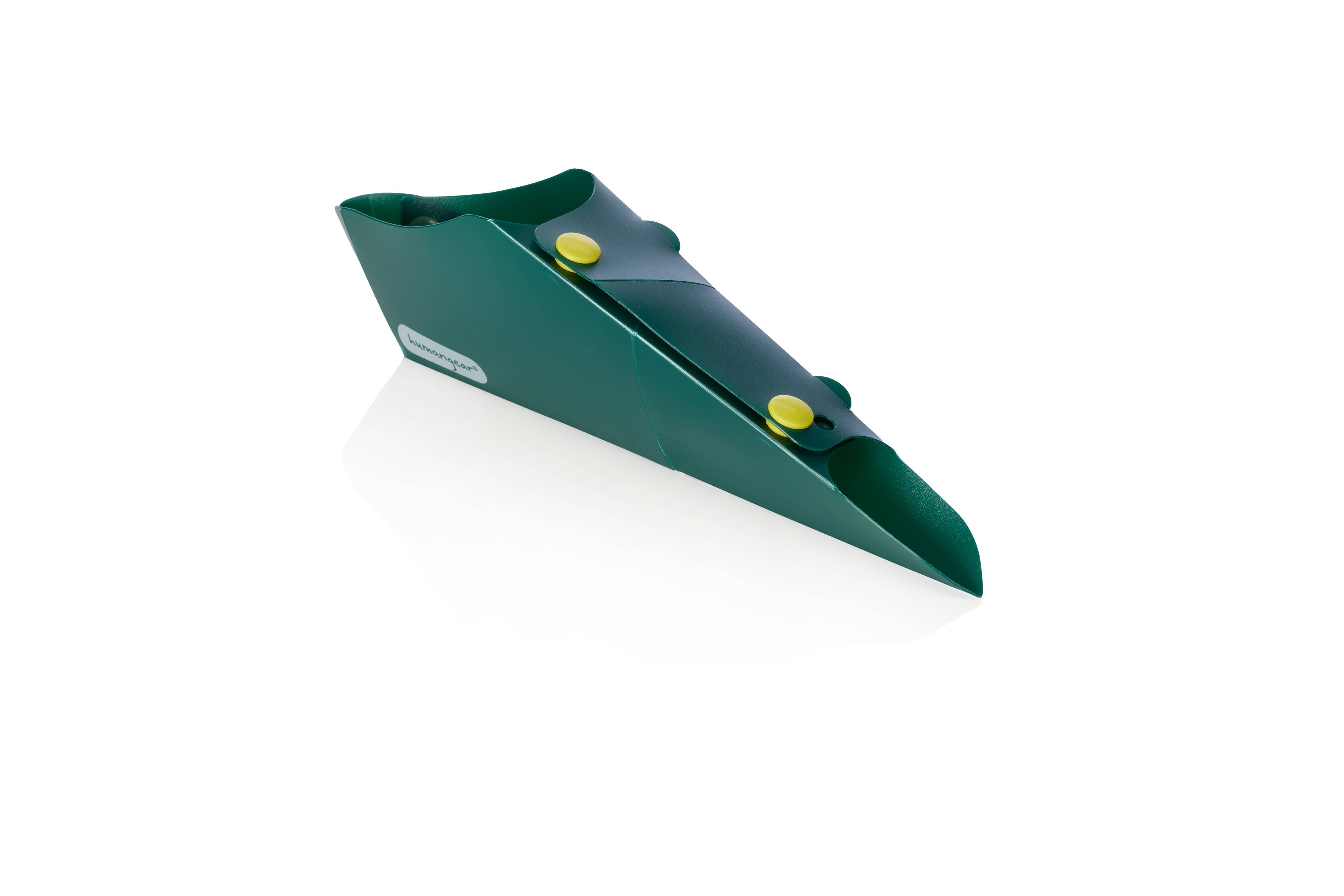 The GoPee Stand to Pee Device is a green, triangular plastic unit with two yellow rivets and a folded design, shown on a white background.