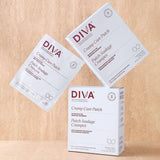 Three packages of The Cramp Care Patch for wearable cramp relief are shown against a beige background, featuring two sachets and one larger box, all in white with red and gray text.