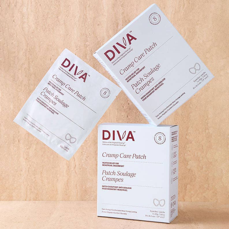 Three packages of The Cramp Care Patch for wearable cramp relief are shown against a beige background, featuring two sachets and one larger box, all in white with red and gray text.