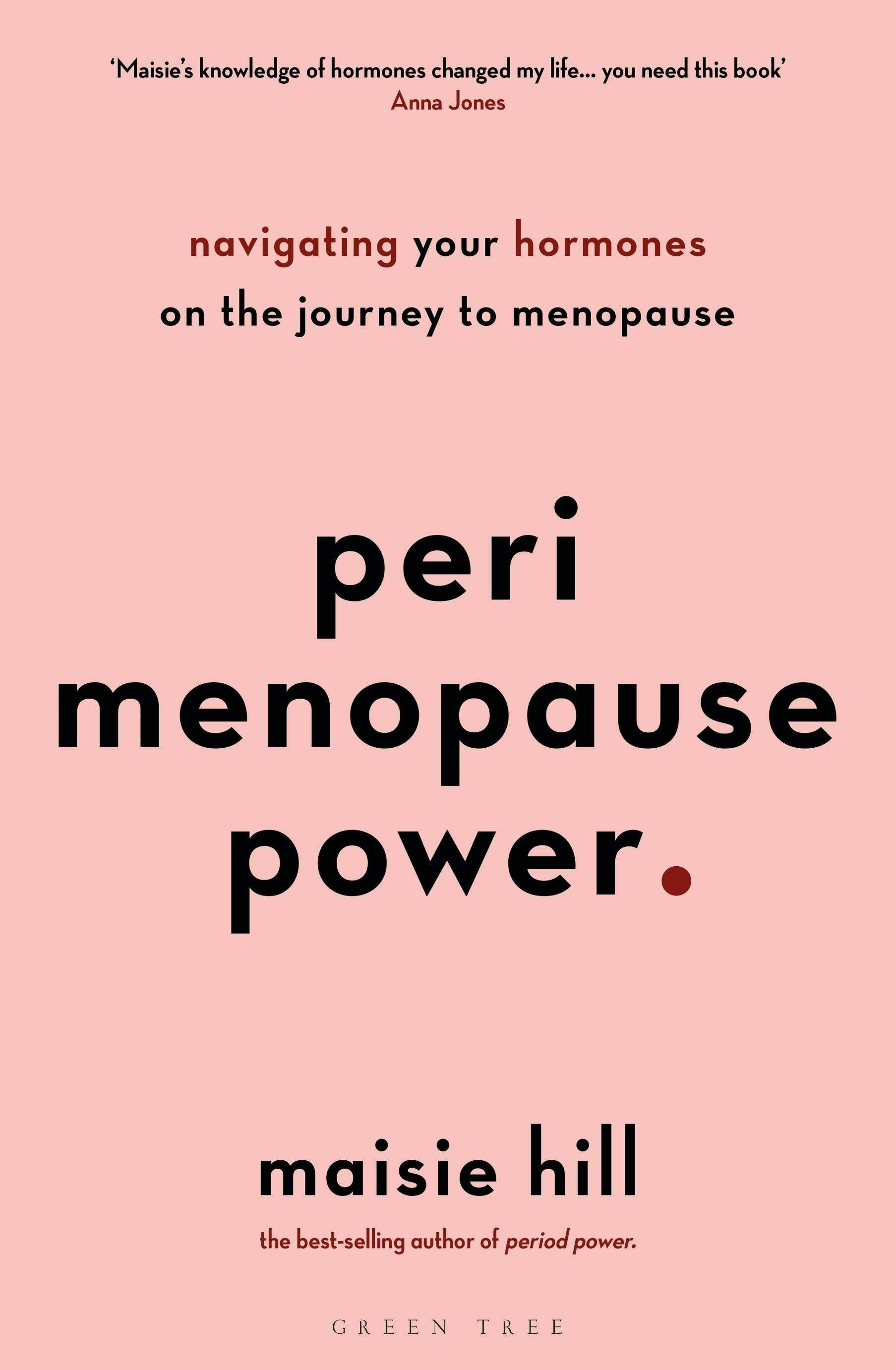 Book cover for Perimenopause Power: Navigating Hormones To Menopause. Pink background with bold black and red text. Subtitle: navigating your hormones on the journey to menopause—an empowering menopause guide.