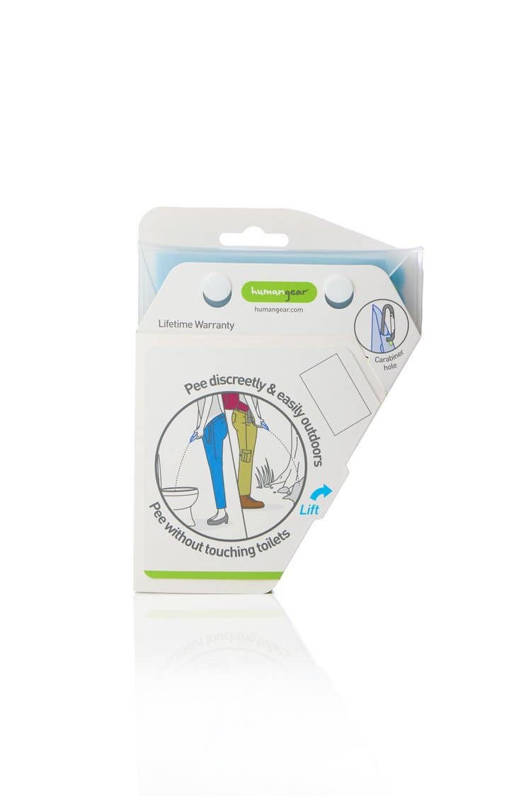 A white box with blue and green accents labeled humangear contains the GoPee - Stand to Pee Device, a discreet female urination aid. The packaging features an illustration of use and provides product details and instructions.