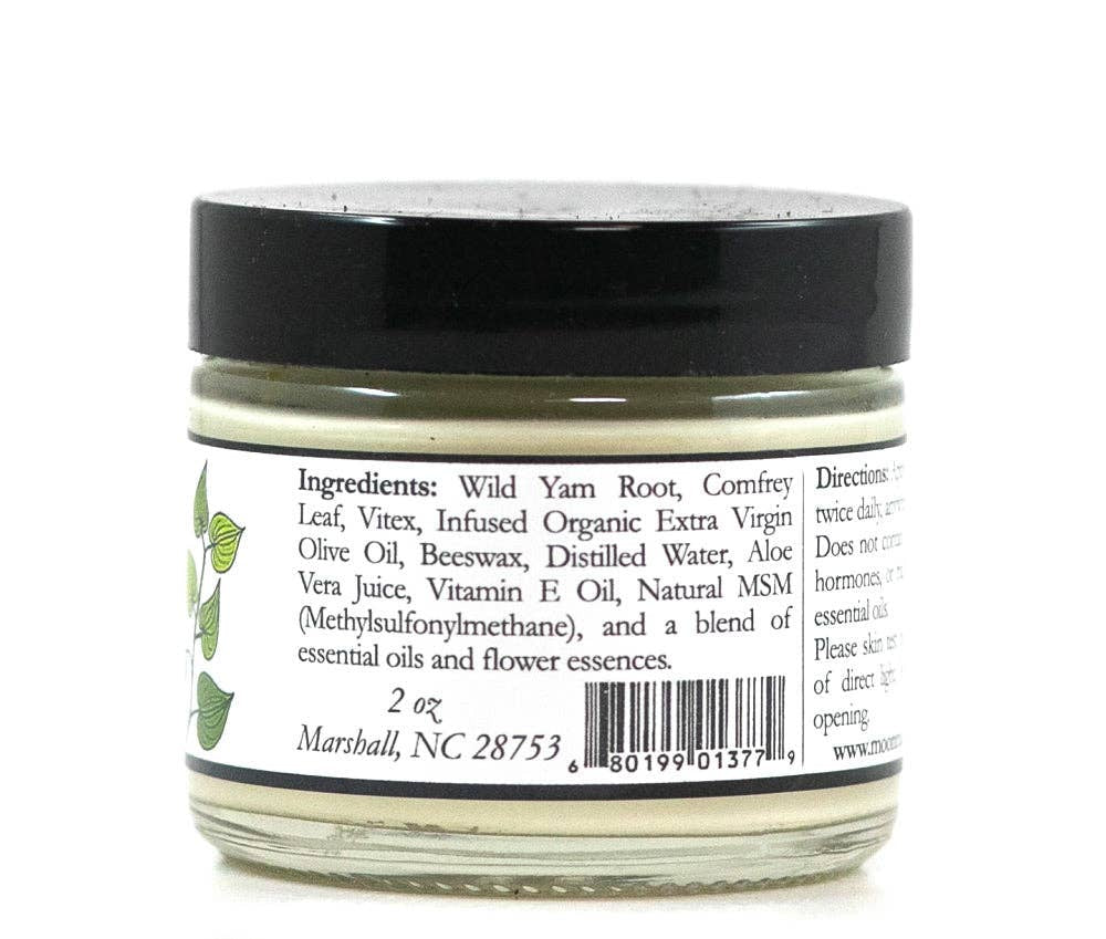 A 2 oz glass jar with a black lid labeled ProMeno Women's Wild Yam Cream, made with natural ingredients like wild yam root, comfrey leaf, olive oil, beeswax, and aloe vera juice.