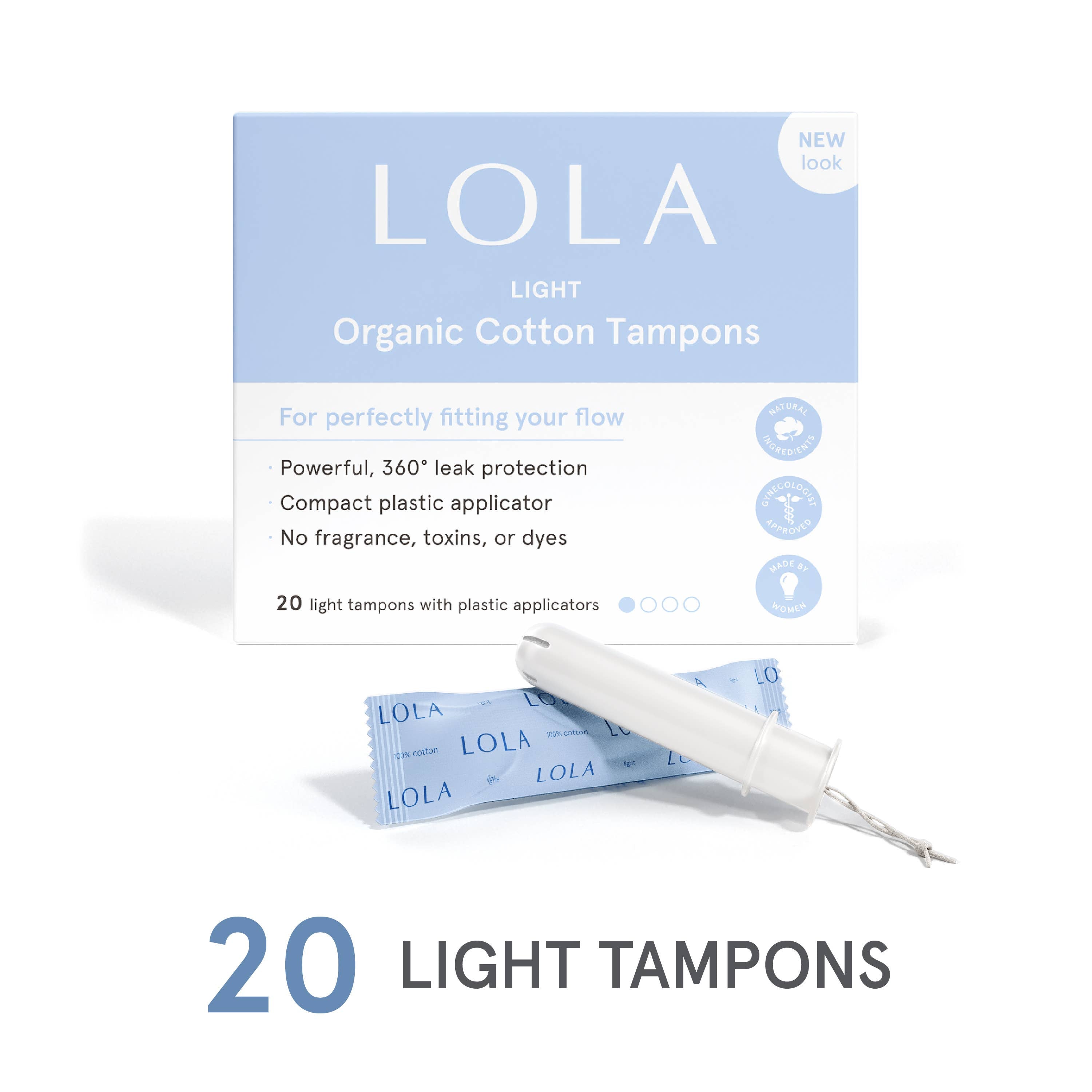 Lola 20ct Light Tampons provide 360° leak protection with organic cotton, a BPA-free applicator, and no fragrance, toxins, or dyes. Each box contains 20 light tampons and includes a single tampon with its wrapper.