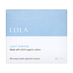 A blue and white box labeled LOLA contains 20 Light Tampons, each made with 100% organic cotton and featuring a compact BPA-free applicator.