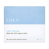 A blue and white box labeled LOLA contains 20 Light Tampons, each made with 100% organic cotton and featuring a compact BPA-free applicator.