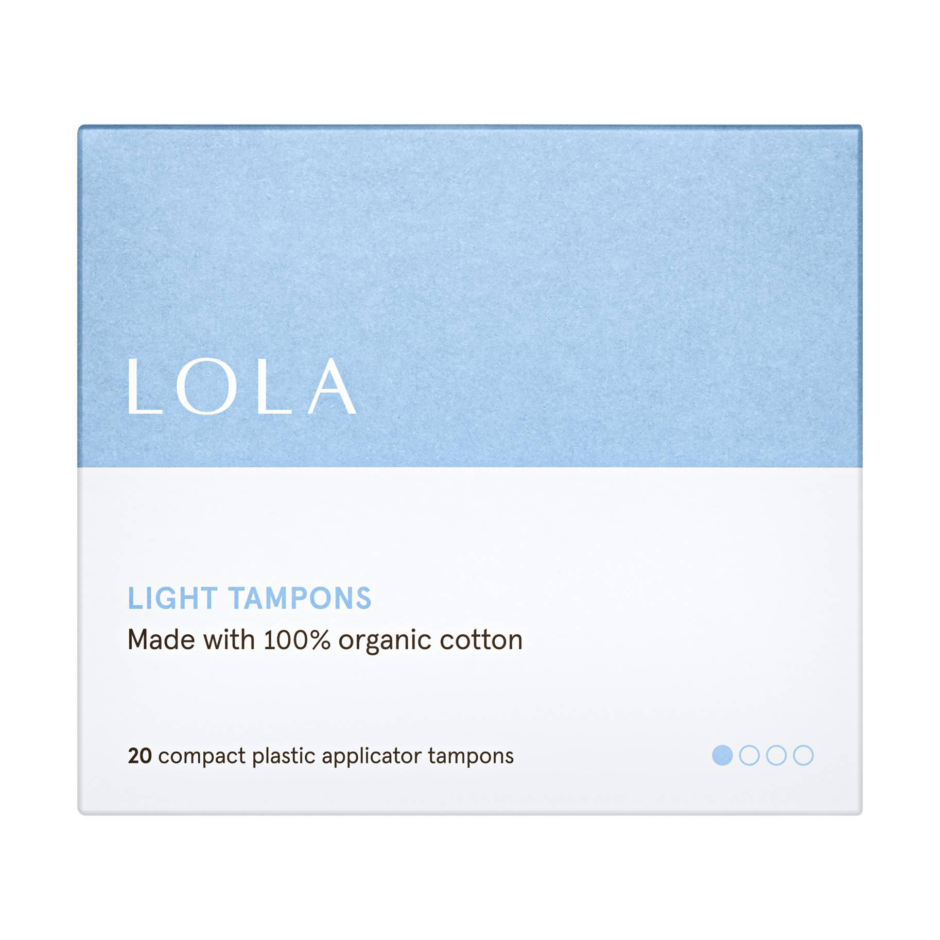 A blue and white box labeled LOLA contains 20 Light Tampons, each made with 100% organic cotton and featuring a compact BPA-free applicator.