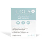 A box of Lola 20ct Ultra Thin Pads w/ Wings, Regular, features reliable leak protection with a 100% organic cotton topsheet. Contains 20 pads, free from chlorine, bleach, fragrance, and dyes in light blue and white packaging.
