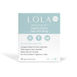 A box of Lola 20ct Ultra Thin Pads w/ Wings, Regular, features reliable leak protection with a 100% organic cotton topsheet. Contains 20 pads, free from chlorine, bleach, fragrance, and dyes in light blue and white packaging.