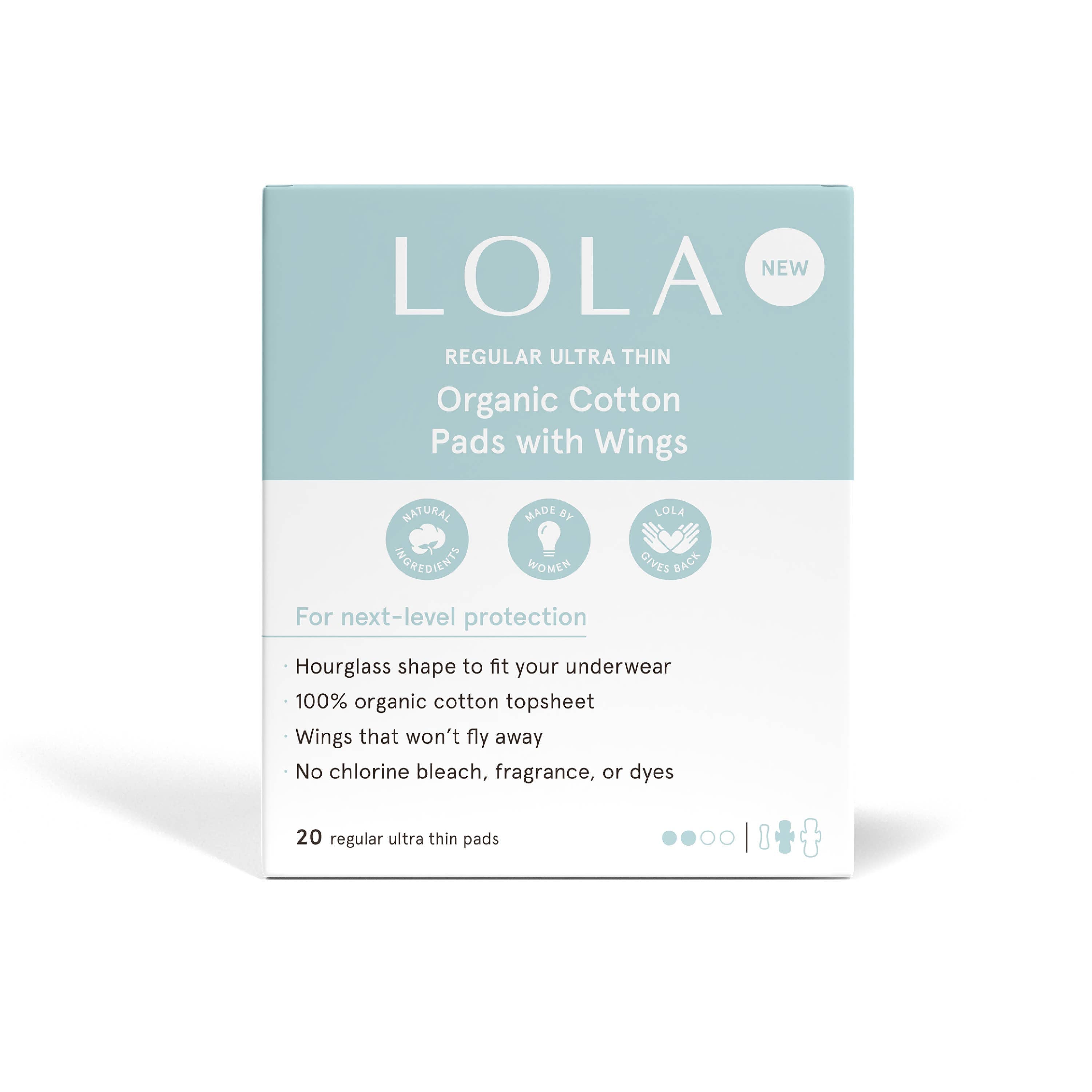 A box of Lola 20ct Ultra Thin Pads w/ Wings, Regular, features reliable leak protection with a 100% organic cotton topsheet. Contains 20 pads, free from chlorine, bleach, fragrance, and dyes in light blue and white packaging.