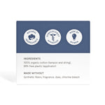 The Lola 20ct Super Plus Tampons box features icons and text: Natural ingredients, Gynecologist approved, Made by women; lists organic cotton tampons with a BPA-free applicator—free from synthetic fibers and dyes.