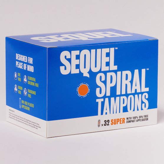 A blue and white box labeled Sequel™ The Spiral™ Tampons contains 32 super absorbency tampons with helical grooves for reliable protection. Packaging notes they are BPA-free, fire retardant-free, and elemental chlorine-free.