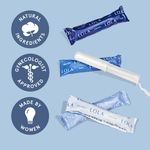 Lola 20ct Super Tampons, in blue and white LOLA wrappers, are shown on a light blue background with icons for Natural Ingredients, Gynecologist Approved, and Made by Women, spotlighting their organic cotton tampons and BPA-free applicators.