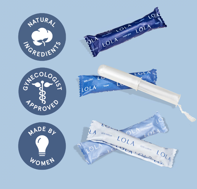 Lola 20ct Light Tampons in blue wrappers are arranged on a light blue surface, next to three circular icons stating: “NATURAL INGREDIENTS,” “GYNECOLOGIST APPROVED,” and “MADE BY WOMEN.”.