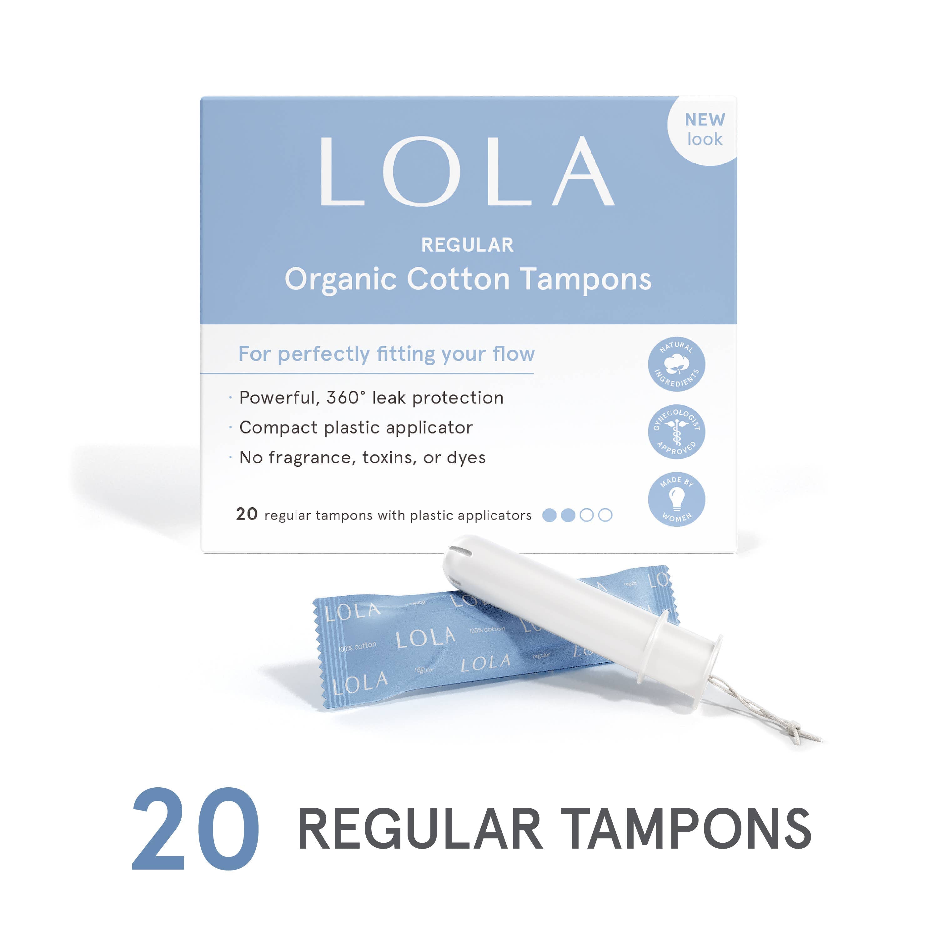 A box of Lola 20ct Regular Tampons is shown with one tampon wrapped and one unwrapped in front. Text highlights leak protection, BPA-free applicators, no fragrance, toxins or dyes, and 20 hypoallergenic tampons per box.