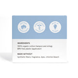 The Lola 20ct Regular Tampons box features a blue and white design with icons reading “Natural ingredients,” “Gynecologist approved,” and “Made by women.” Contains organic cotton tampons with BPA-free applicators; no dyes or chlorine bleach.