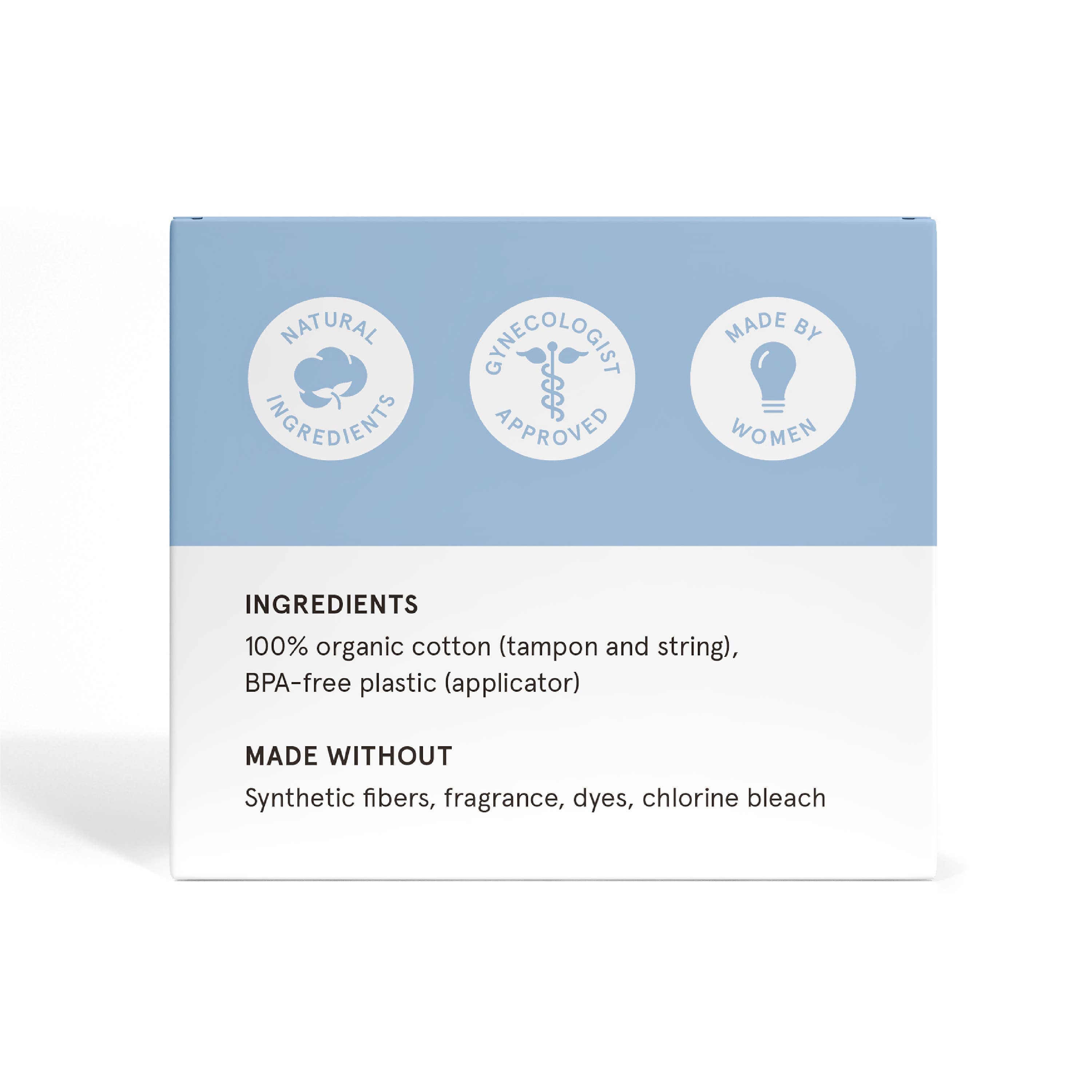 The Lola 20ct Regular Tampons box features a blue and white design with icons reading “Natural ingredients,” “Gynecologist approved,” and “Made by women.” Contains organic cotton tampons with BPA-free applicators; no dyes or chlorine bleach.
