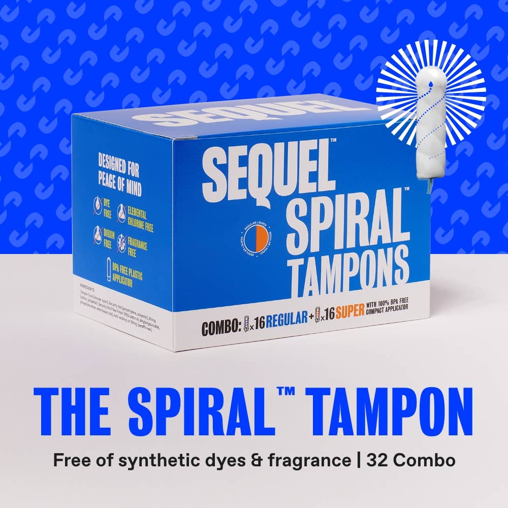 Sequel™ The Spiral™ Tampons (32 combo) are shown on a light surface with a blue patterned background. Featuring helical grooves for reliable, distraction-free periods, they’re free of synthetic dyes and fragrance.