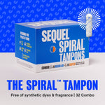 Sequel™ The Spiral™ Tampons (32 combo) are shown on a light surface with a blue patterned background. Featuring helical grooves for reliable, distraction-free periods, they’re free of synthetic dyes and fragrance.
