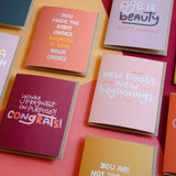 The "You Made the Right Choice Card" features a colorful background and playful font, offering a humorous message to support friends through major life events, like tough decisions and new beginnings.