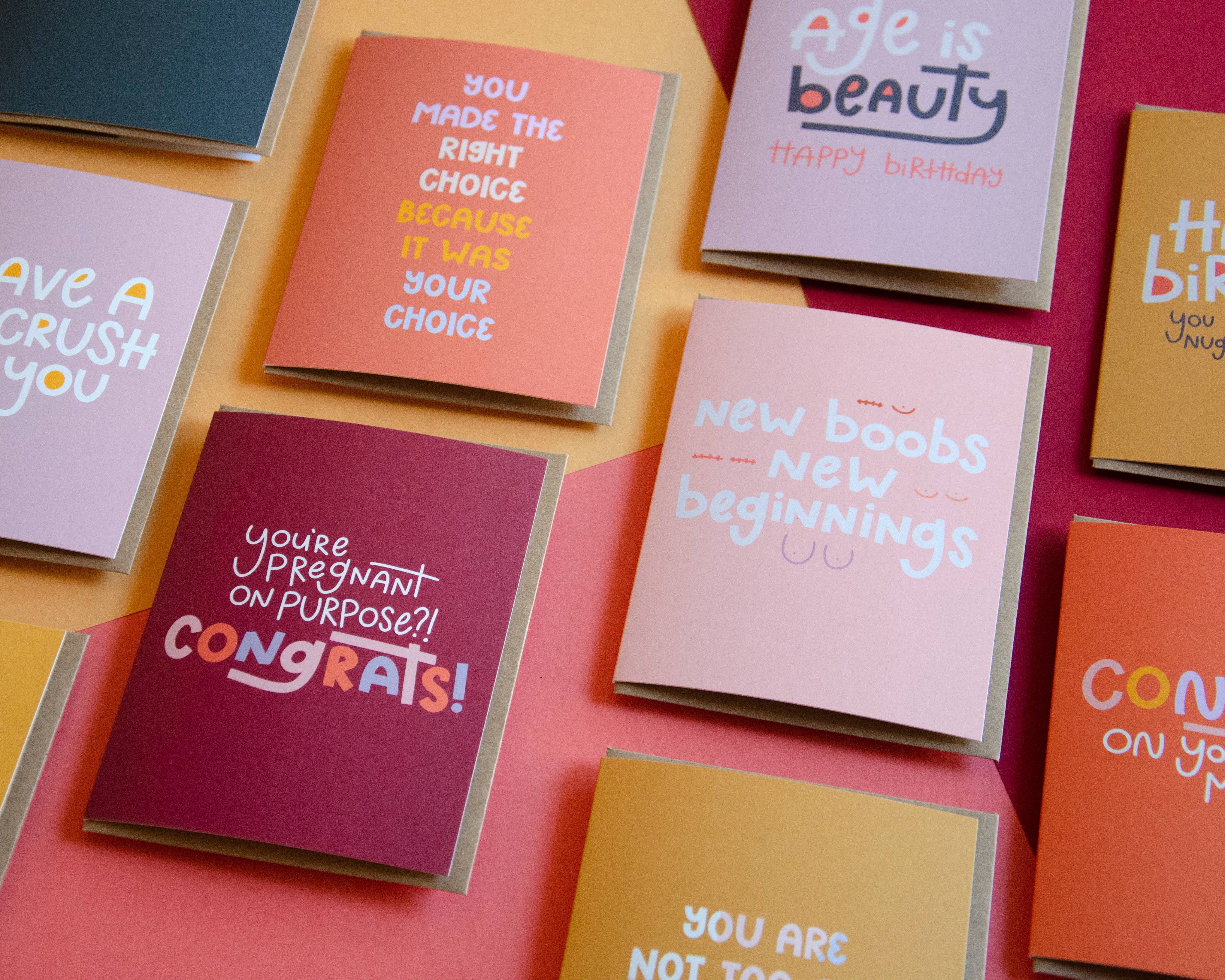 The "You Made the Right Choice Card" features a colorful background and playful font, offering a humorous message to support friends through major life events, like tough decisions and new beginnings.