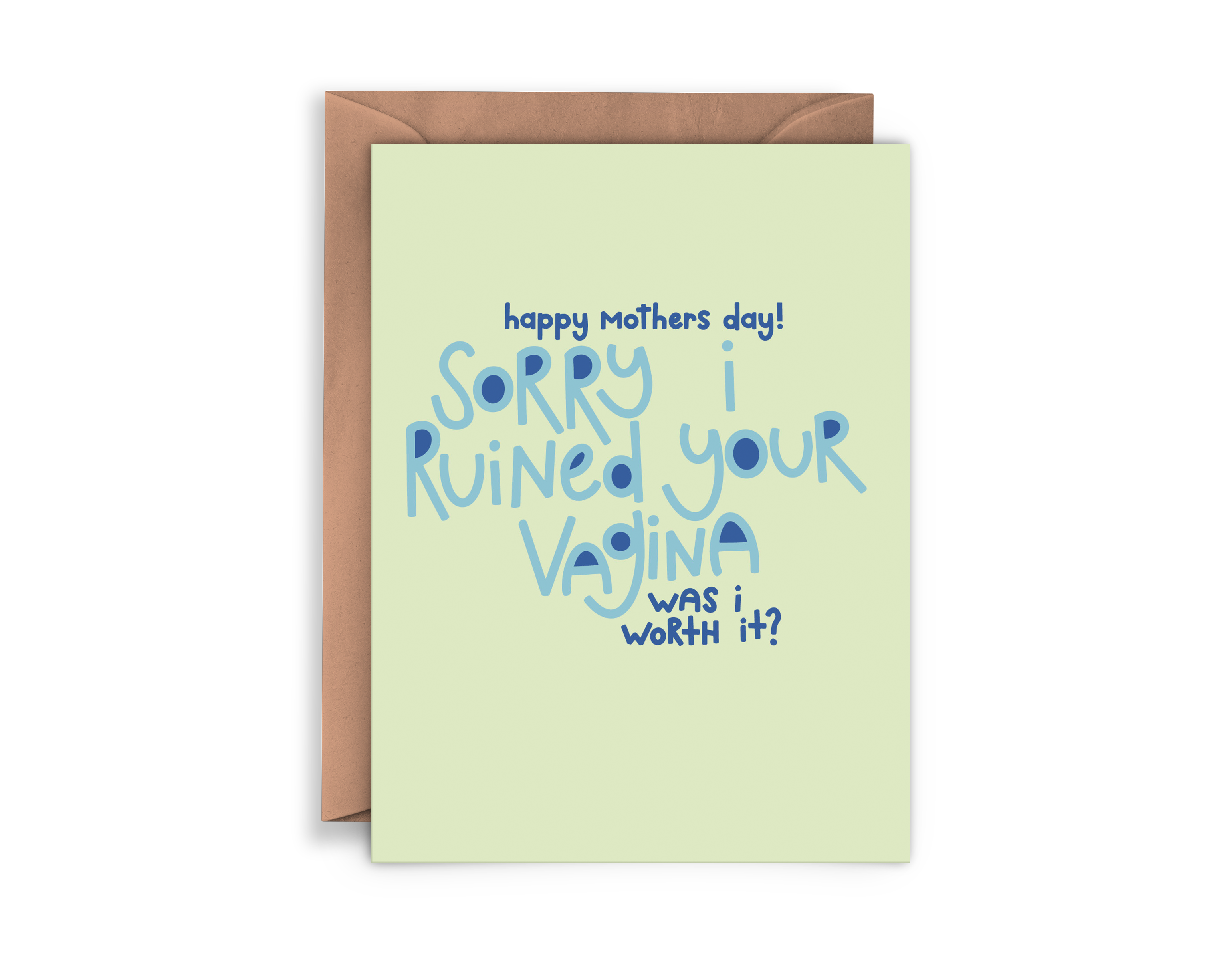 The "Mother's Day Was I Worth It Card" is a playful A2 card with blue text on pale green, blank inside, paired with a brown envelope—an ideal recycled paper greeting for Mother's Day.