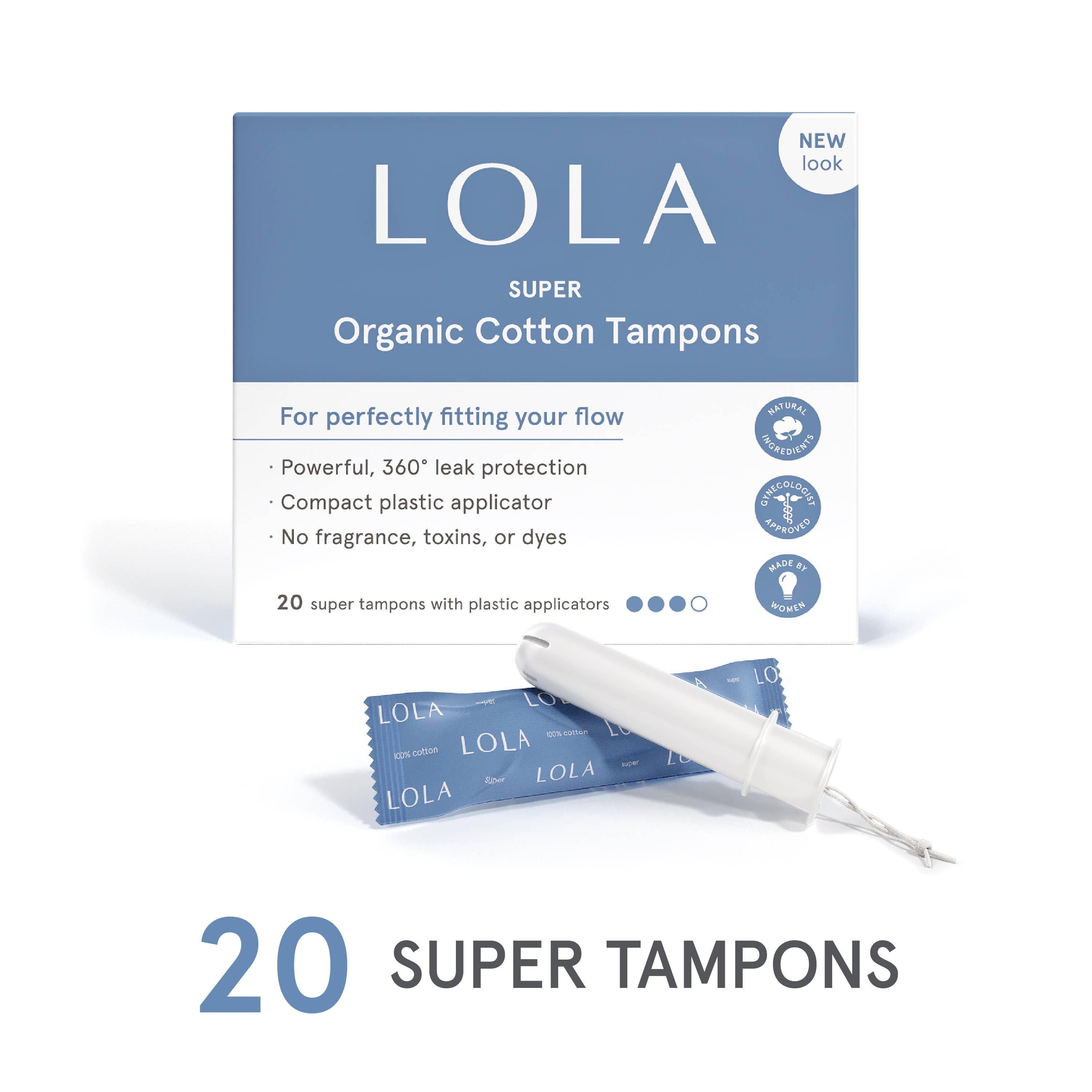 A box of Lola 20ct Super Tampons is shown with one wrapped and one unwrapped tampon in front. The packaging highlights 360° leak protection, hypoallergenic design, no toxins, and BPA-free applicators.