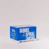 A blue and white box labeled Sequel™ The Spiral™ Tampons, designed with helical grooves for comfort, rests on a light surface. It contains 16 regular and 16 super tampons, with icons and detailed info on the sides.