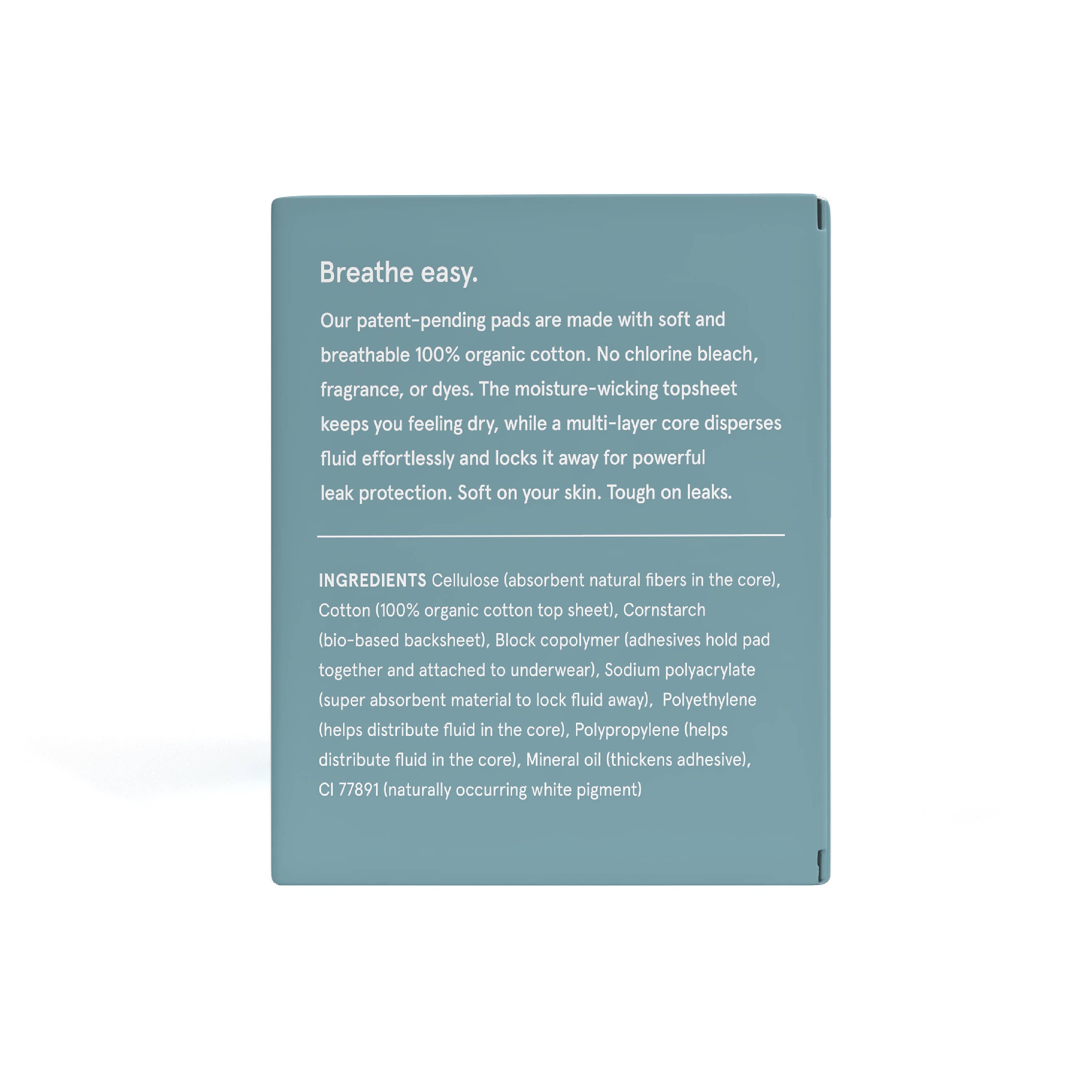 A teal package with white text identifies Lola 20ct Ultra Thin Pads w/ Wings, Heavy. Made from 100% organic cotton, they feature a soft, moisture-wicking top sheet, leak protection, and a full ingredient list.