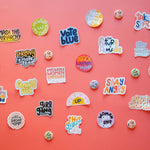 The "My Body My Choice Sticker" with its empowerment slogan is showcased on a vibrant pink background.