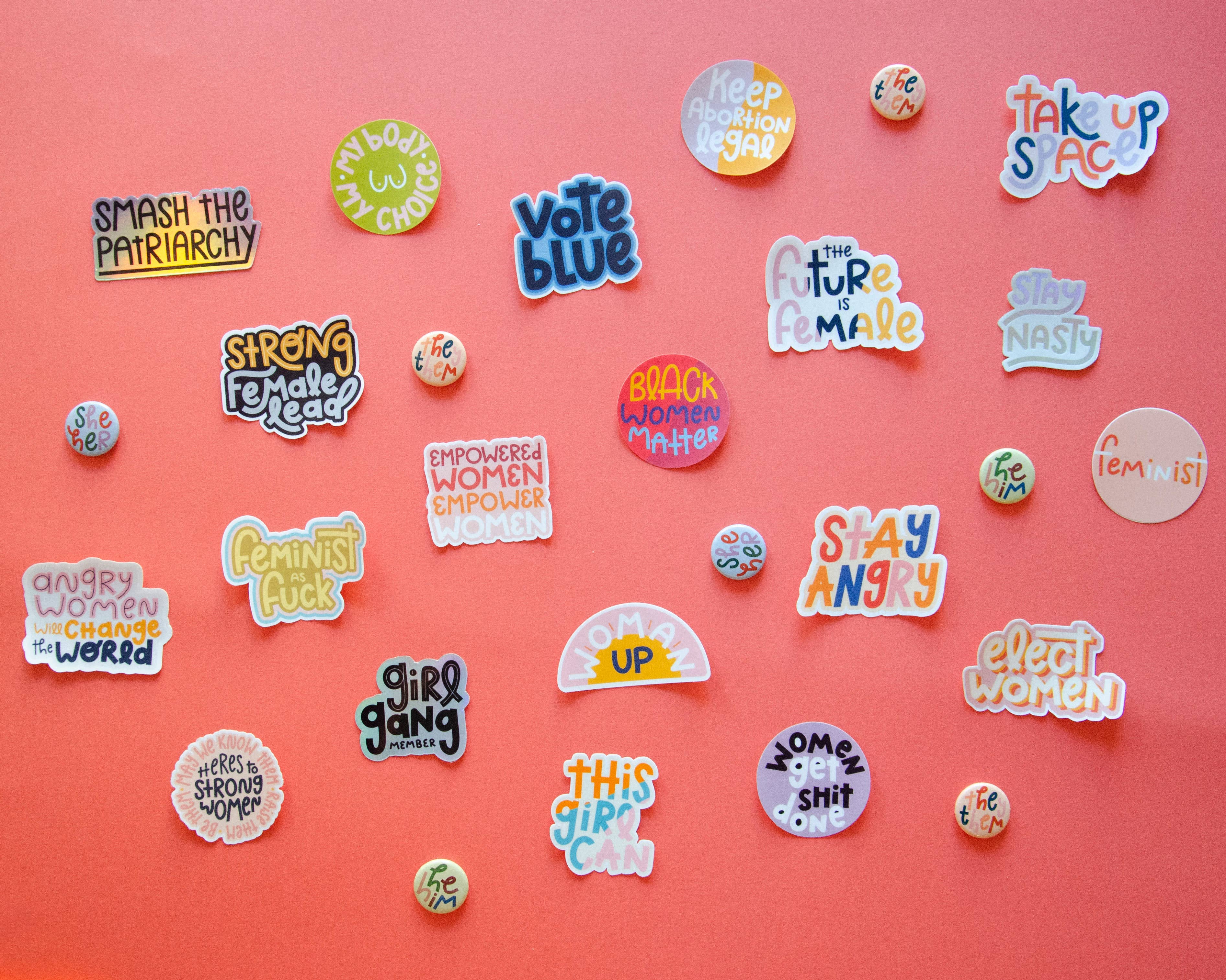 The "My Body My Choice Sticker" with its empowerment slogan is showcased on a vibrant pink background.