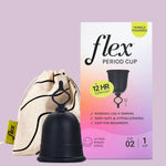 The black Flex Cup menstrual cup is shown before its box, which highlights 12-hour comfort and a beginner-friendly design. Beside the cup is a cream drawstring pouch with a black pattern, all set against a light purple background.