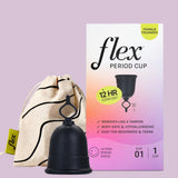 A Flex Cup menstrual cup in black sits before its box and fabric pouch. The packaging highlights 12-hour wear, comfort, hypoallergenic materials, and an easy-to-use design—ideal for beginners and teens.