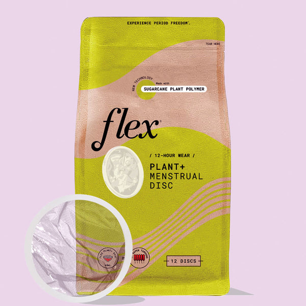 A yellow and pink Flex Plant+ Disc package contains 12 plant-based menstrual discs. A circular inset shows a clear disposable disc in its wrapper. The bag highlights its sugarcane plant polymer material.