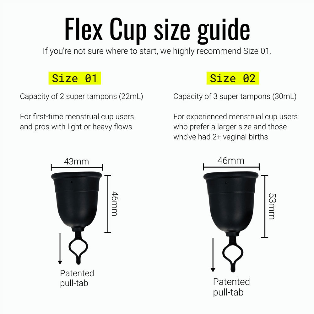 Two Flex Cup menstrual cups are shown: Size 01 (43mm wide, 46mm tall, holds 22mL) is beginner-friendly for light/normal flow. Size 02 (46mm wide, 53mm tall, holds 30mL) suits heavy flow or those who've had vaginal births.