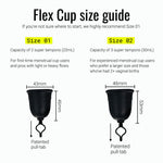 Two Flex Cup menstrual cups are shown: Size 01 (43mm wide, 46mm tall, holds 22mL) is beginner-friendly for light/normal flow. Size 02 (46mm wide, 53mm tall, holds 30mL) suits heavy flow or those who've had vaginal births.