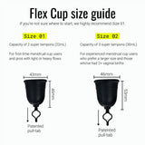 Two Flex Cup menstrual cups are shown: Size 01 (43mm wide, 46mm tall, holds 22mL) is beginner-friendly for light/normal flow. Size 02 (46mm wide, 53mm tall, holds 30mL) suits heavy flow or those who've had vaginal births.