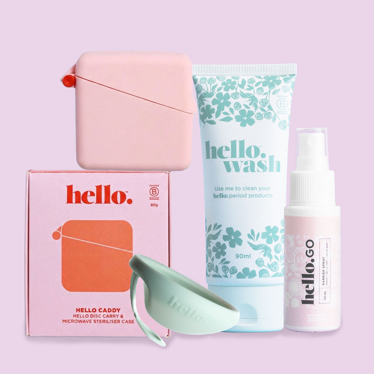 The Hello Disc Clean on-the-go Bundle includes a mint green menstrual disc, pink case, cleaning kit, floral hello. wash tube, and hello. GO spray bottle—all arranged on a light purple background.