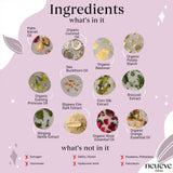 A graphic for NeuEve Velvet 70+ Suppository lists 12 natural ingredients like coconut oil, sea buckthorn oil, and broccoli extract. It features images, notes it's free of estrogen, hormones, GMOs, gluten, parabens—and supports vaginal pH and health.