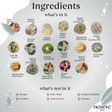 The NeuEve Silver 45+ Suppository infographic spotlights natural ingredients for menopause vaginal health and dryness, while making clear it contains no estrogen, hormones, GMOs, gluten, or parabens.