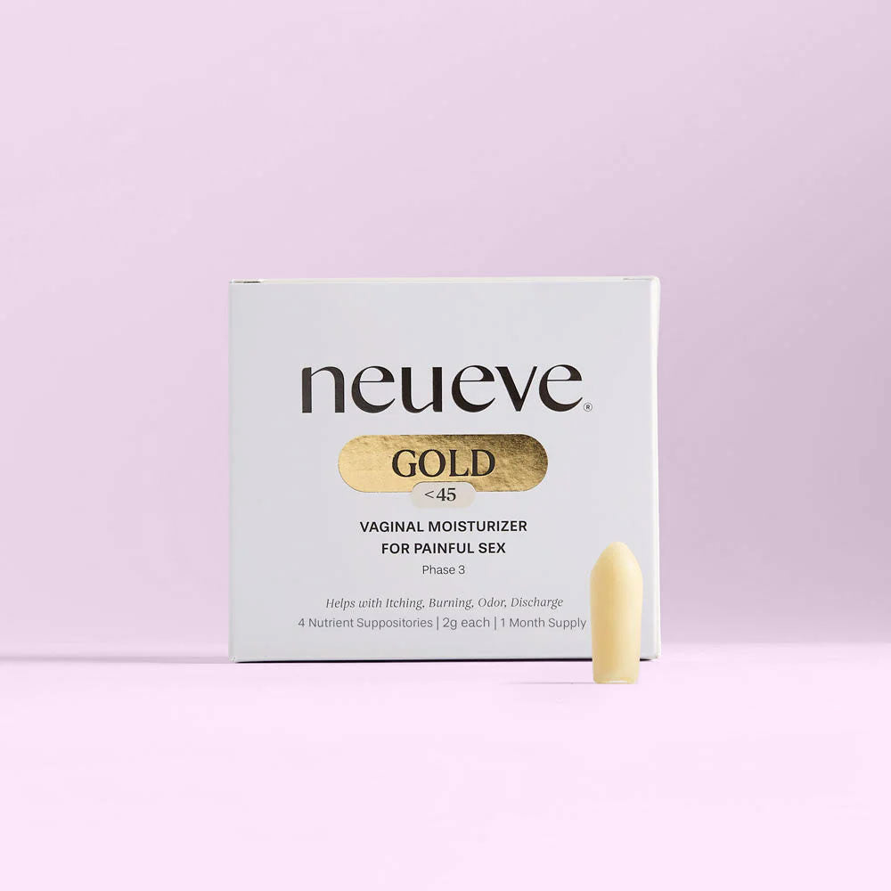 A box labeled NeuEve Gold <45 Suppository, indicating hormone-free relief from painful sex, itching, burning, odor, and discharge. In front of the box is a single beige suppository on a light pink background.