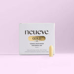A box labeled NeuEve Gold <45 Suppository, indicating hormone-free relief from painful sex, itching, burning, odor, and discharge. In front of the box is a single beige suppository on a light pink background.