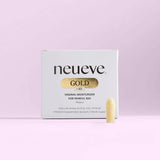 A box labeled NeuEve Gold <45 Suppository, indicating hormone-free relief from painful sex, itching, burning, odor, and discharge. In front of the box is a single beige suppository on a light pink background.