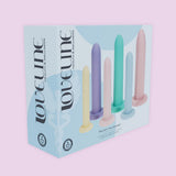 A box labeled PelviFit Expanding Vaginal Dilator Set displays six pastel silicone vaginal dilators in blue, green, purple, pink, and yellow against a light background—designed to support pelvic health.
