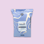 Saalt Intimate Cleansing Wipes, fragrance-free with 30 biodegradable wipes, are shown in a blue and cream abstract package against a light purple background.