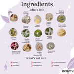 A chart for NeuEve Silk 55+ Suppository shows natural ingredients like oils and extracts, with images for each. It highlights no estrogen, GMOs, hyaluronic acid, parabens, or petroleum—ideal for vaginal health and collagen support.