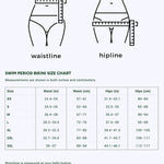 Diagram showing how to measure waistline at the belly button and hipline at the widest part of the hips. Below is a size chart for Period Swim Bottoms - Bikini Cut with waist and hip measurements in inches and centimeters.