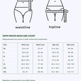 Diagram showing how to measure waistline at the belly button and hipline at the widest part of the hips. Below is a size chart for Period Swim Bottoms - Bikini Cut with waist and hip measurements in inches and centimeters.